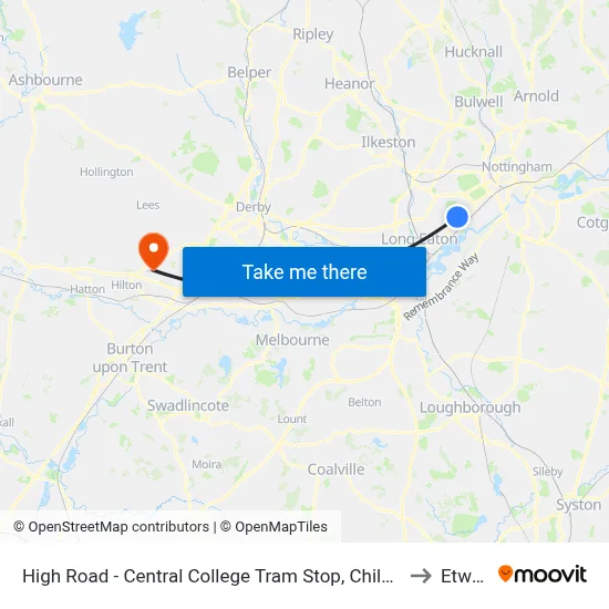 High Road - Central College Tram Stop, Chilwell to Etwall map