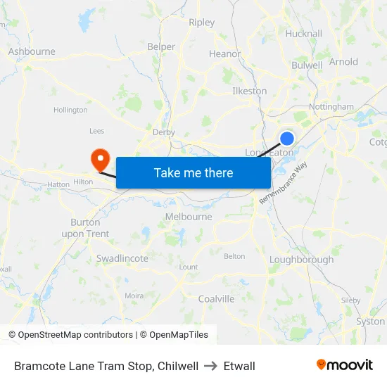 Bramcote Lane Tram Stop, Chilwell to Etwall map