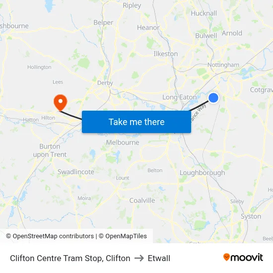 Clifton Centre Tram Stop, Clifton to Etwall map