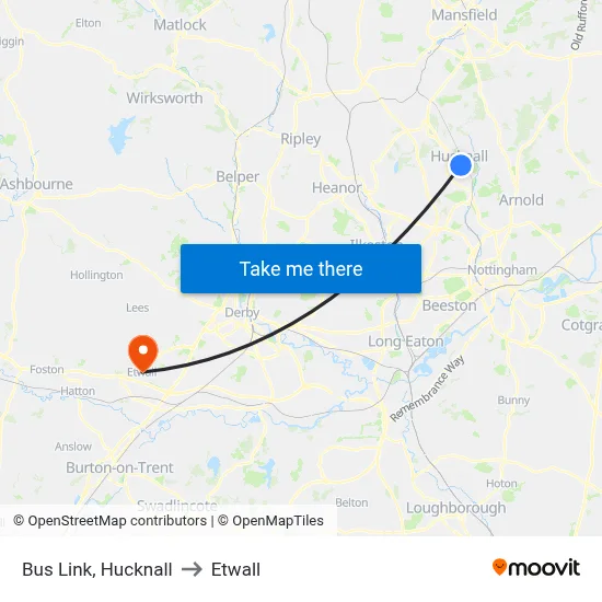 Bus Link, Hucknall to Etwall map