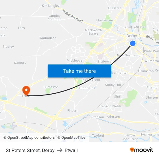 St Peters Street, Derby to Etwall map