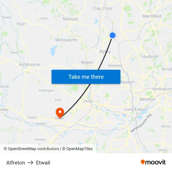 Alfreton to Etwall map
