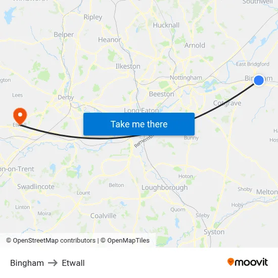 Bingham to Etwall map