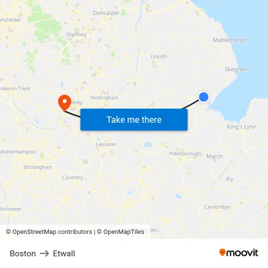 Boston to Etwall map