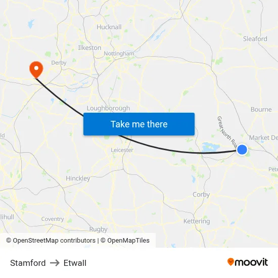 Stamford to Etwall map