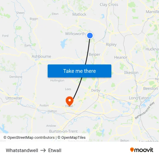 Whatstandwell to Etwall map