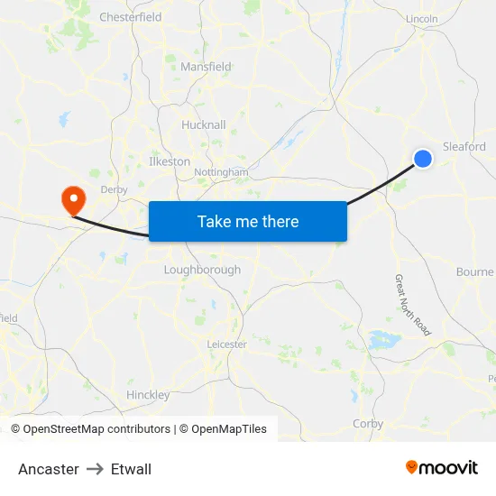 Ancaster to Etwall map
