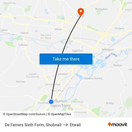 De Ferrers Sixth Form, Shobnall to Etwall map