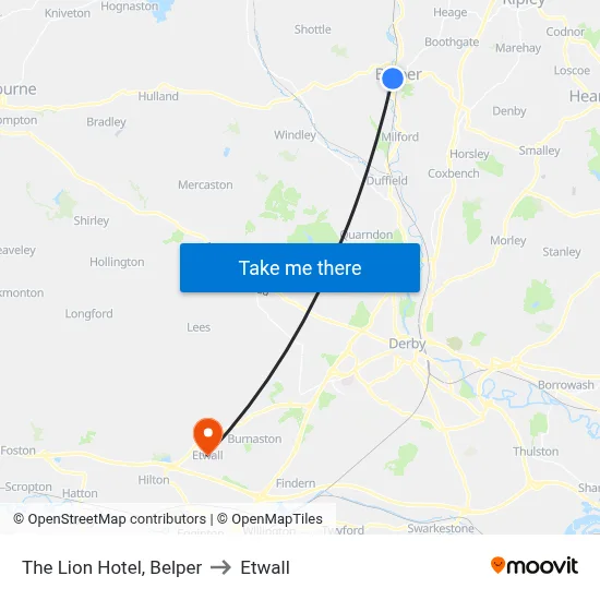 The Lion Hotel, Belper to Etwall map