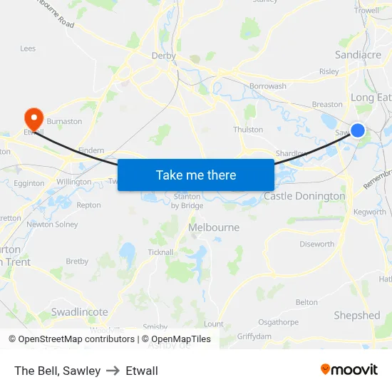 The Bell, Sawley to Etwall map