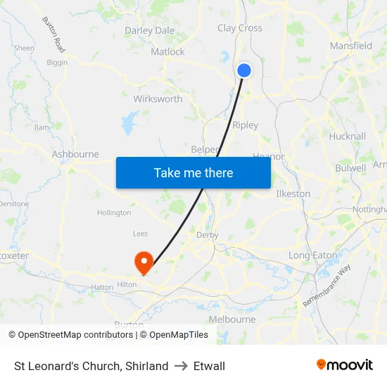 St Leonard's Church, Shirland to Etwall map