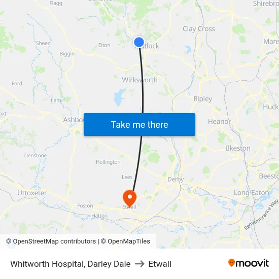 Whitworth Hospital, Darley Dale to Etwall map
