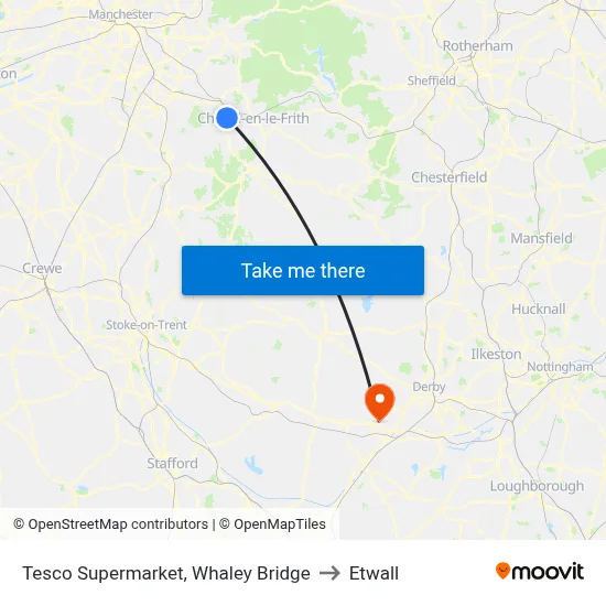 Tesco Supermarket, Whaley Bridge to Etwall map