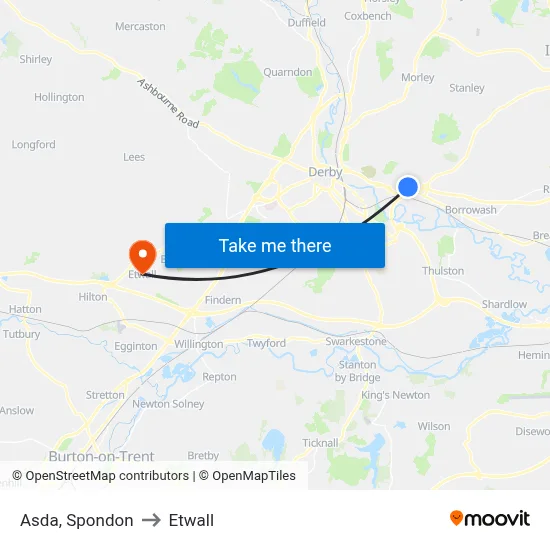 Asda, Spondon to Etwall map