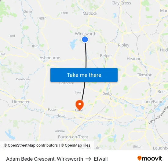 Adam Bede Crescent, Wirksworth to Etwall map