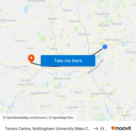 Tennis Centre, Nottingham University Main Campus (Un03) to Etwall map
