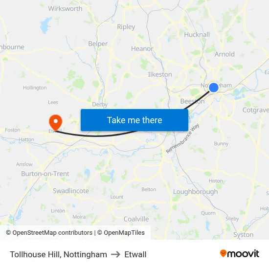 Tollhouse Hill, Nottingham to Etwall map