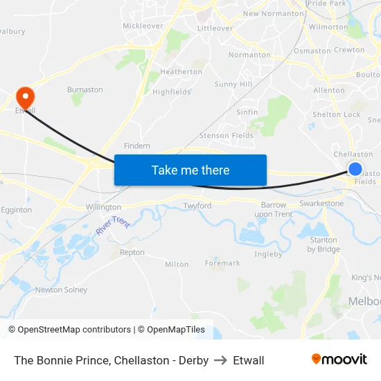 The Bonnie Prince, Chellaston - Derby to Etwall map