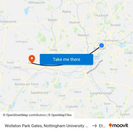 Wollaton Park Gates, Nottingham University Main Campus (Un12) to Etwall map