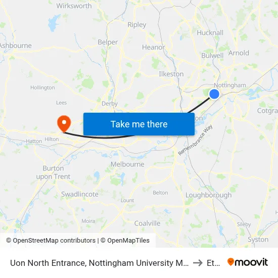 Uon North Entrance, Nottingham University Main Campus (Un14) to Etwall map