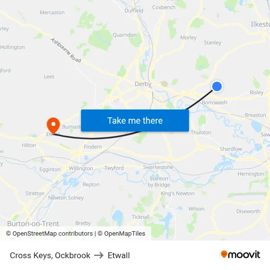 Cross Keys, Ockbrook to Etwall map