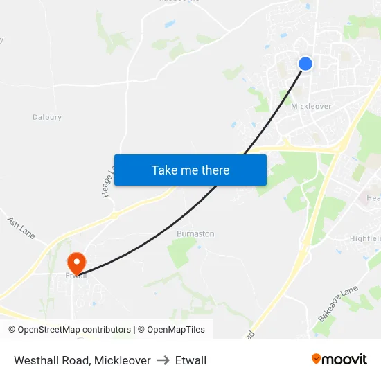 Westhall Road, Mickleover to Etwall map