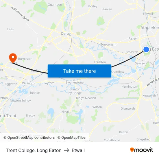 Trent College, Long Eaton to Etwall map