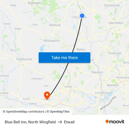Blue Bell Inn, North Wingfield to Etwall map