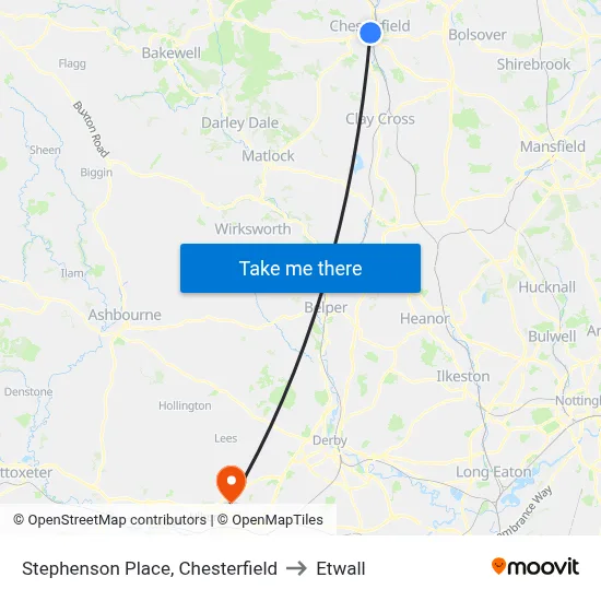 Stephenson Place, Chesterfield to Etwall map