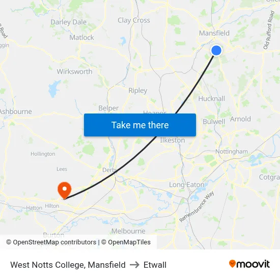 West Notts College, Mansfield to Etwall map