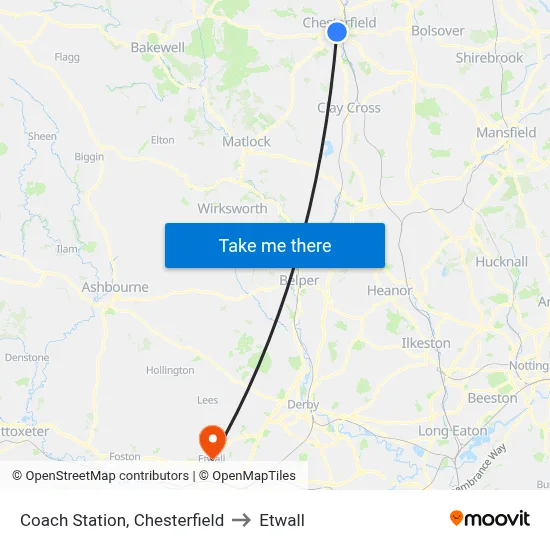 Coach Station, Chesterfield to Etwall map