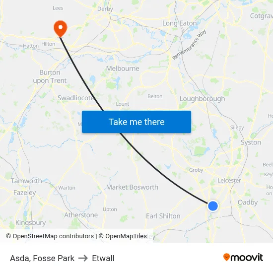 Asda, Fosse Park to Etwall map