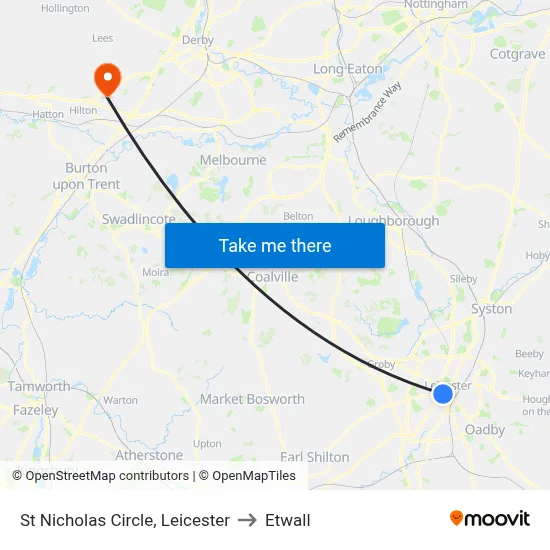 St Nicholas Circle, Leicester to Etwall map
