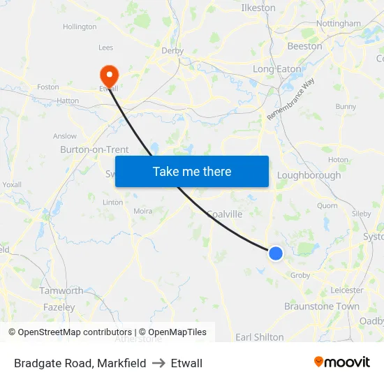 Bradgate Road, Markfield to Etwall map