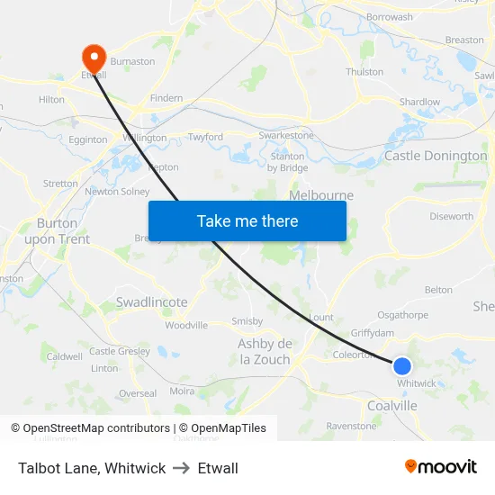 Talbot Lane, Whitwick to Etwall map