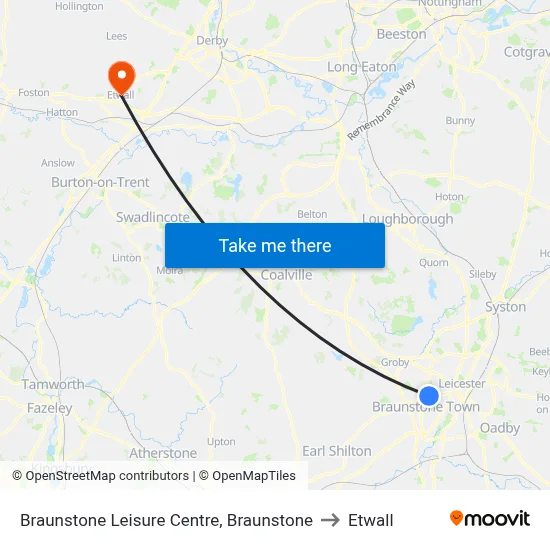 Braunstone Leisure Centre, Braunstone to Etwall map