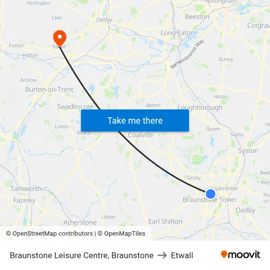 Braunstone Leisure Centre, Braunstone to Etwall map
