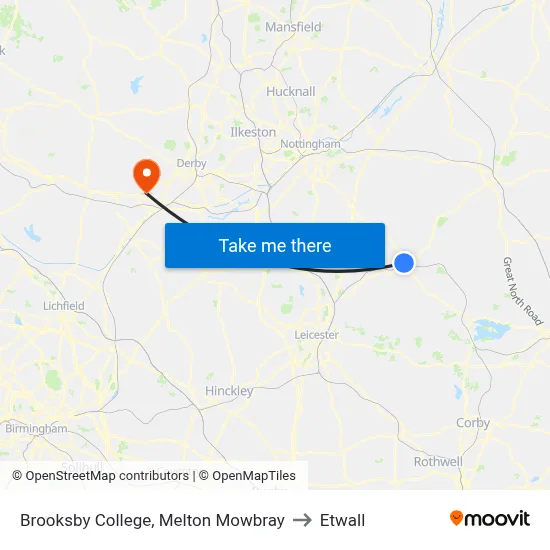 Brooksby College, Melton Mowbray to Etwall map