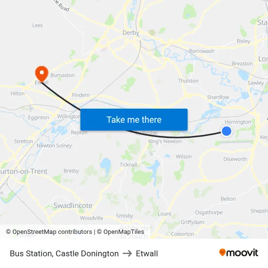 Bus Station, Castle Donington to Etwall map