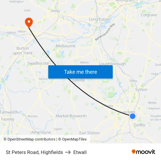 St Peters Road, Highfields to Etwall map