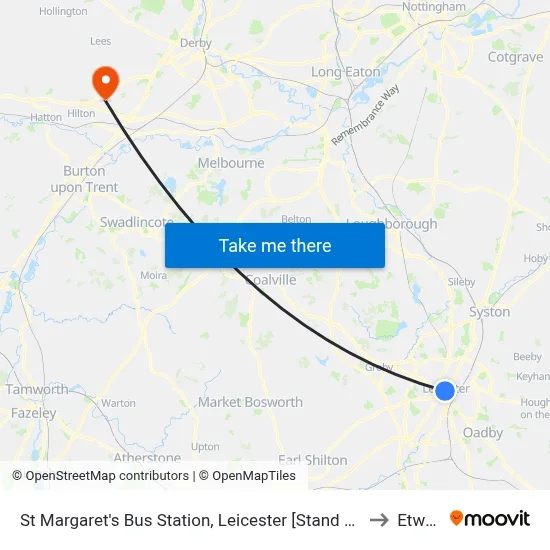 St Margaret's Bus Station, Leicester [Stand Sc] to Etwall map