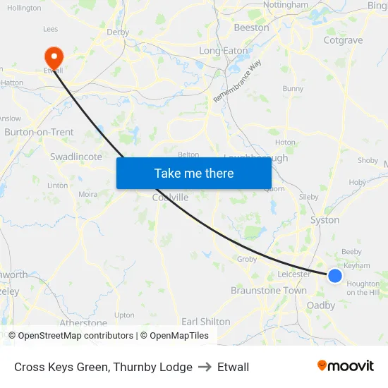 Cross Keys Green, Thurnby Lodge to Etwall map