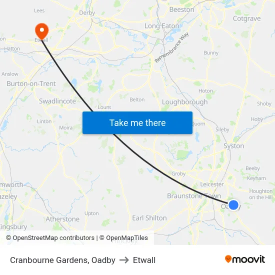 Cranbourne Gardens, Oadby to Etwall map