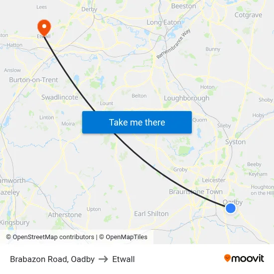 Brabazon Road, Oadby to Etwall map