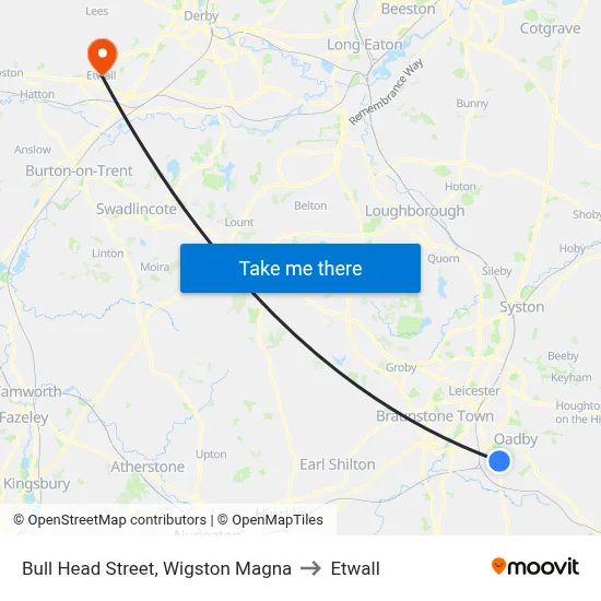 Bull Head Street, Wigston Magna to Etwall map