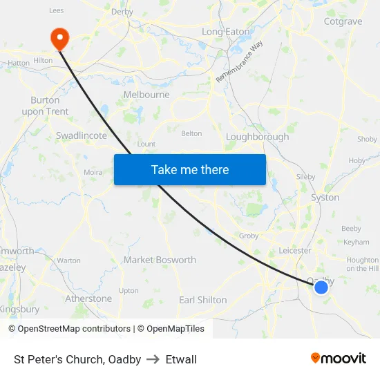 St Peter's Church, Oadby to Etwall map
