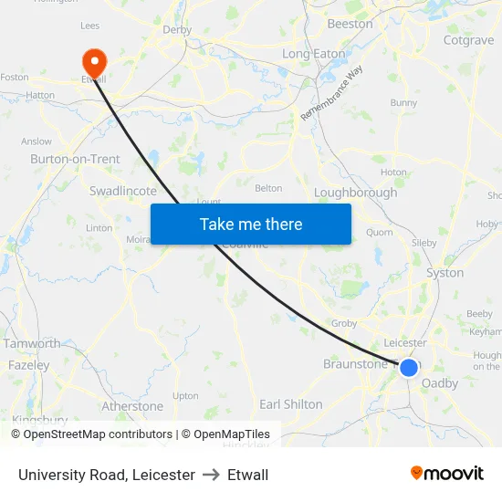 University Road, Leicester to Etwall map