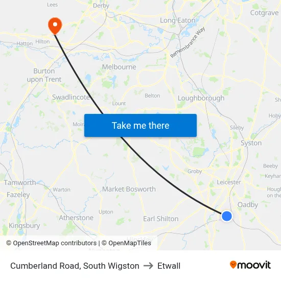 Cumberland Road, South Wigston to Etwall map