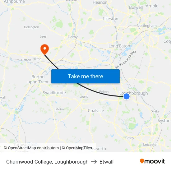 Charnwood College, Loughborough to Etwall map