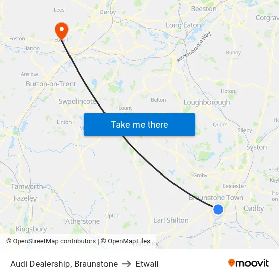 Audi Dealership, Braunstone to Etwall map
